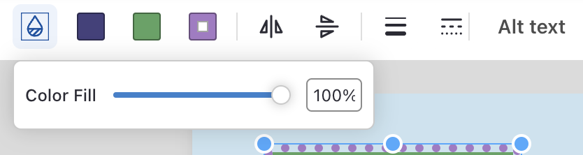 A partial view of the top toolbar in the upgraded Venngage Editor, with several tool icons visible. The first icon in the row, a silhouette of a water droplet with the lower part shaded, is selected. In its selected state, it has light blue shadowing and a darker blue border. The widget open underneath it is titled Color Fill. The widget contains a slider and a text field that indicates the slider is set to 100%.