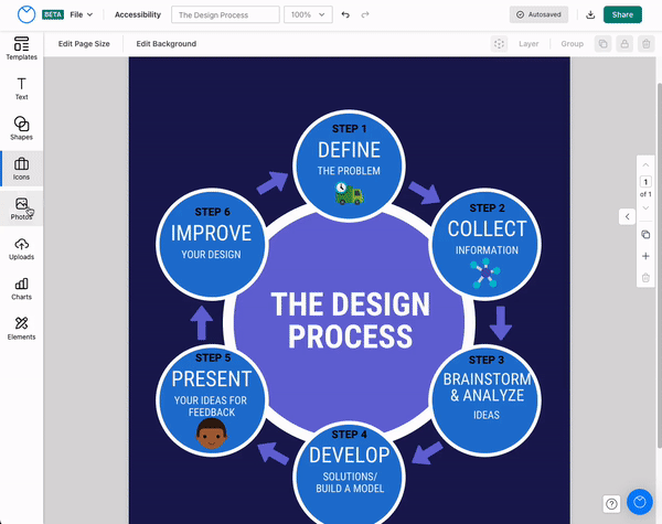 A partial view of a dark blue design canvas in the upgraded Venngage Editor displays a process flow map with the title The Design Process. The accents of the design and text are light blue and purple. A user opens the Photos panel in the left sidebar by clicking on it; when the panel opens, a seach bar is visible at the top of the panel, with some pre-generated, clickable search categories underneath. The user types the term 'business' into to the search bar at the top of the panel, and returns results for royalty-free stock photos relating to that term in a thumbnail gallery beneath the search bar. The user clicks on one of the photos, a blue and white image of a grid with a jagged arrow pointing upward to indicate growth, and the full-sized photo appears on the design canvas.