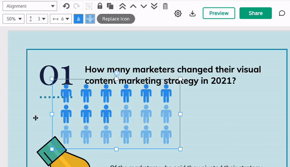 In the Venngage Editor, a design page with a light blue background is open, with some black text as a heading and a large pen nib icon at the bottom appears in a partial view. A user clicks on an Icon Grid chart on the canvas to select it. The chart appears with three stacked rows of simple icons that show a person in silhouette; each row has 6 icons across, and the first 9 icons are dark blue, while the rest are a lighter blue. In the top toolbar, different tools for customizing the display of the chart appears. The user clicks on the Fill % to open a drop-down and changes the number from 50% to 47%. The user then changes the Icons per Row from 3 to 6, and the Icons per Column from 6 to 7. This causes the arrangement of the chart to change, and the number of icons in each row to change, as well as the number of rows to increase, and the icons themselves become smaller.
