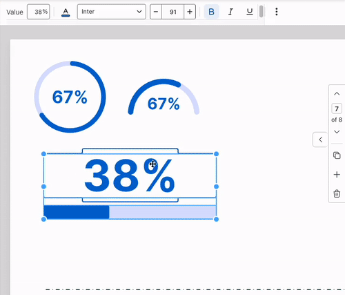 In a partial view of a white design canvas in the upgraded Venngage Editor, three stat charts are visible. The bottom chart displays 38% in large text over a bar chart, in default dark and light blue. A user clicks on the '38%' portion of the progress chart. A suite of tools to customize the text appear in the top toolbar. The user clicks on the Font Color icon in the top toolbar and chages the color of the text to a bright green. The user then clicks on the Font family drop-down and selects the font face Cabin, changing the appearance of the percentage. Using the minus button to the left of the Text size, the user changes the text size from 91 to 88px. Then the user clicks on Bold, Italic, and Underline to style the text.