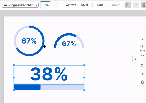 Uma visão parcial de uma tela branca no Venngage Editor atualizado mostra um design com fundo branco e três gráficos estatísticos agrupados no lado esquerdo da página.  Um usuário seleciona o gráfico inferior, um gráfico de barras de progresso que aparece nas cores padrão azul escuro e azul claro, com o número 38%.  Na barra de ferramentas superior, um menu suspenso para Tipo de gráfico é exibido e o usuário clica nele, selecionando Gráfico de ícone.  Na tela, o gráfico de barras de progresso muda para um gráfico de ícones, com uma única linha de ícones de silhueta simples (cabeça e ombros) e a mesma porcentagem.  O usuário clica novamente no menu suspenso Tipo de gráfico no menu superior e seleciona Gráfico de meio anel, alterando o gráfico na tela de design para meio anel e os mesmos 38%.  O usuário clica no gráfico do menu superior novamente e altera o gráfico de volta para uma barra de progresso.