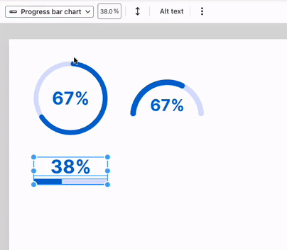 A partial view of a design canvas in the upgraded Venngage Editor, where several stat charts are visible in the top left corner of the page. A user selects the progress bar chart at the bottom of the design page and then selects the Vertical Spacing tool that becomes available in the top toolbar. Using the slider that opens in a widget when the user clicks the tool, the user changes the spacing between the text that appears over the bar chart (in this case, 38%) and the bar chart itself. The user then closes the tool and expands the chart, resizing it to make the space more visible. 