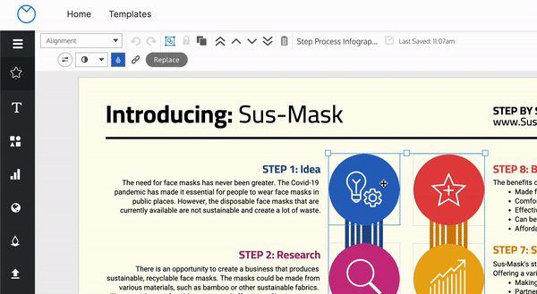 A user works on a design canvas entitled 'Introducing Sus-Mask' in the Venngage Editor. As the user changes element color, positions and styles text on the design canvas, the auto-save 'Last Saved' timestamp updates in the top toolbar.