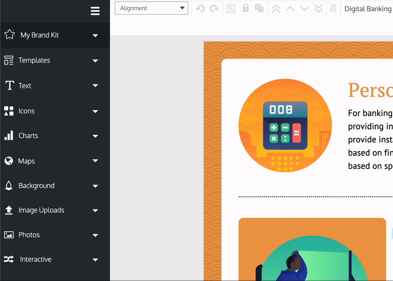 Une vue partielle d'un canevas de conception dans l'éditeur Venngage montre une conception orange et blanche et une icône de calculatrice.  Un utilisateur sélectionne l'icône de la calculatrice et la barre d'outils supérieure affiche un bouton "Remplacer".  L'utilisateur clique sur le bouton Remplacer dans la barre d'outils supérieure et le panneau de survol du menu Remplacer s'ouvre à partir du côté gauche de l'écran, au-dessus de la barre latérale gauche.  Trois onglets dans le panneau affichent différentes galeries : Icônes, Photos et Téléchargements.