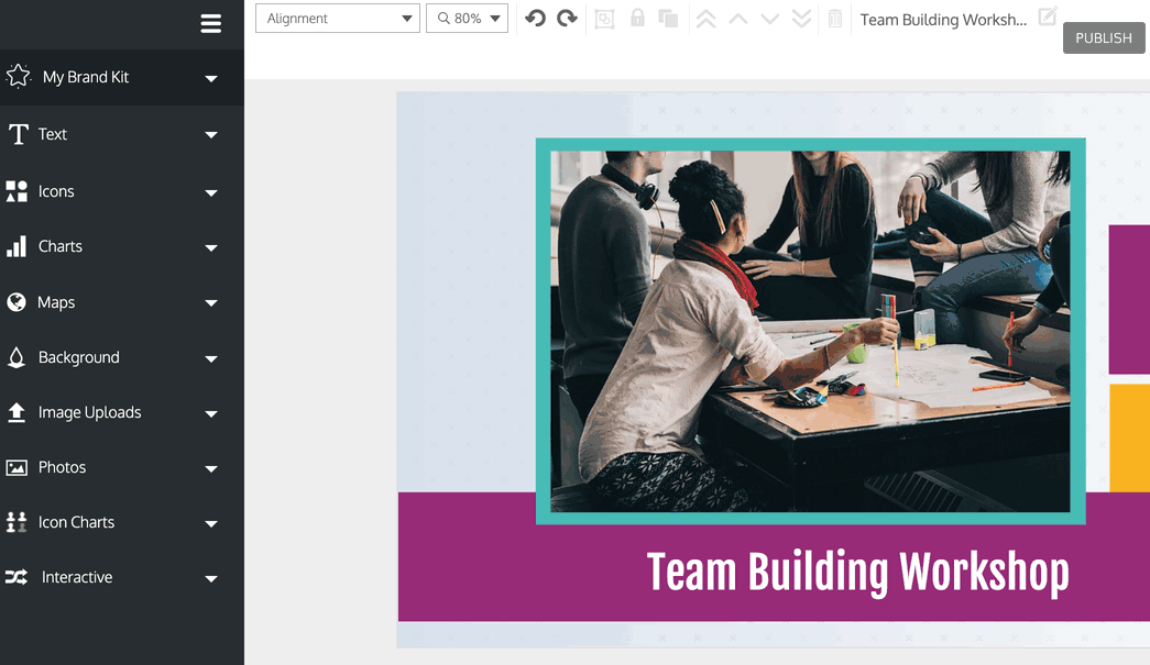 A design canvas in the Venngage Editor displays purple and yellow accents and the heading 'Team Building Workshop'. Above the heading is a stock photo of people sitting around a table. A person with light brown skin sits in the front, holding a pencil over a large sheet of paper. A user double-clicks on the image and the Replace Menu opens in a flyover panel from the left sidebar. The user clicks on the Icons tab and types 'team' into the search bar and clicks to search. The search results display in a gallery of thumbnails underneath the search bar, including simple icons of groups of figures or hands shaking. The user clicks on an icon showing three figures from the shoulders up, and the icon replaces the photo on the design canvas in the same position and size as the photo.