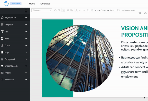 On a design canvas with white and teal accents, a circular stock photo of a skyscraper with many mirrored windows reflecting blue sky appear. A user double-clicks on the photo and the Replace Menu flyover panel opens from the left sidebar. The user clicks on the Uploads tab, which displays a green button at the top labelled 'Upload Image', and several photo thumbnails underneath. The user clicks on one of the photo thumbnails in the Uploads tab of the Replace Menu, which shows an apartment building at night, with soft gold light coming through the windows. The photo replaces the first on the design canvas, in the same circular crop shape and size.