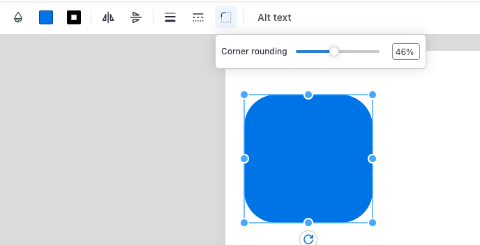 A close-up of a white design canvas in the upgraded Venngage Editor shows a blue square, with the Corner Rounding widget selected and open. The slider and percentage next to it show the corner rounding is set to 46%, giving the square on the design canvas slightly rounded corners.