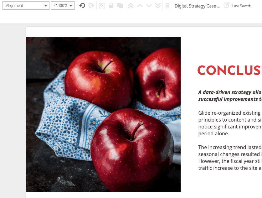 A partial view of a design canvas in the Venngage Editor shows a large, rectangular photo of red apples on a blue patterned towel and a dark countertop. To the right of the canvas is some text, including a heading in red letters and two paragraphs of smaller, black text. A user clicks on the photo of the apples. In the top toolbar, the Frame Type menu appears. The user clicks on it, and a drop-down widget expands, with a list of shapes. The shape 'Rectangle' is already selected. The user selects 'Circle' and the photo on the canvas is cropped into a circle shape. The user then selects 'Triangle' and the photo is cropped in a triangle shape.
