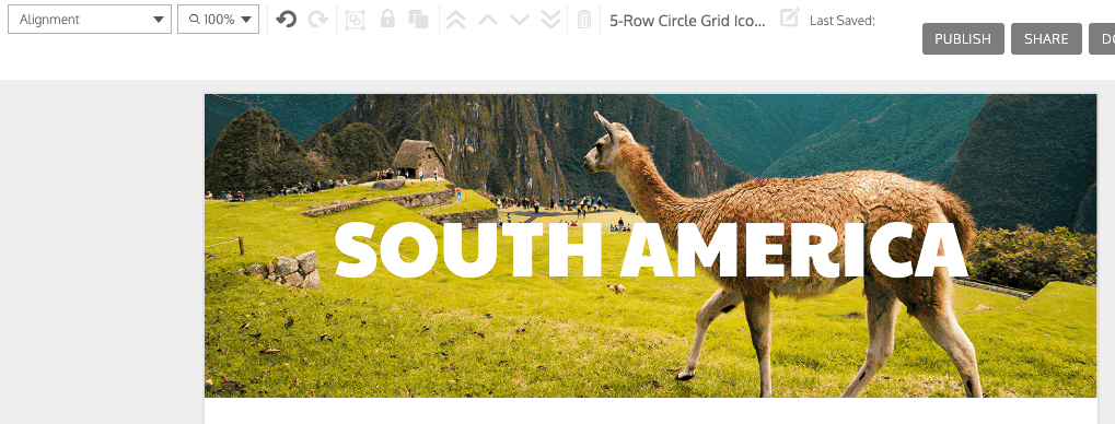 On a partial view of the design canvas in the Venngage Editor, a header image appears on a white background. The image shows a landscape in South America with mountains and houses in the background and a green, grassy field and a llama walking in the foreground. Over the image, in white capital letters, the heading 'SOUTH AMERICA' appears. A user selects the image and additional image tools appear in the top toolbar over the canvas. The user clicks on the Opacity drop-down menu and the menu widget expands, showing values from 1 to 100. The image opacity is set to 100; the user changes it by selecting the value 65. On the design canvas, the image becomes more transparent, which lets the white of the background filter through it and renders the image contrast, brightness and saturation less vibrant. The user then clicks the value 100 in the drop down and changes the image opacity back to 100.