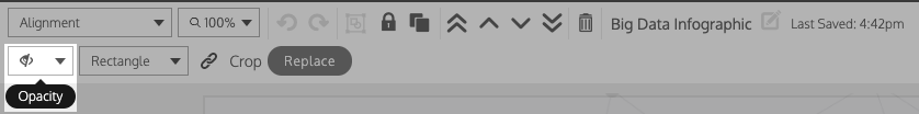 Um close-up da barra de ferramentas superior no Venngage Editor, onde o menu Opacidade é realçado e o restante da barra de ferramentas está sombreado.  O menu Opacidade aparece com o ícone de um olho atravessado por uma barra e possui uma etiqueta com o rótulo 'Opacidade'.  Um pequeno triângulo orientado para baixo aparece na caixa de menu, indicando que é um menu suspenso.