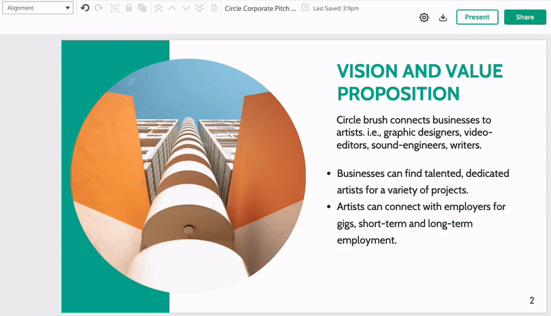 A design canvas in the Venngage Editor shows a presentation slide with a white and green background, a circular image of a white and orange building, and text to the right side of the slide. A user clicks on different elements on the design canvas, including the image, and the text boxes, and different tools for managing the elements appear in the top toolbar, including the Delete icon, which the user highlights by moving their cursor over it. The user then clicks to select the text box that contains the heading VISION AND VALUE PROPOSITION, and clicks Delete in the top toolbar, and the text box is removed from the design canvas.