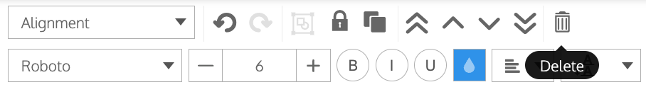 La barra de herramientas superior del editor de Venngage, con el ícono Papelera (Eliminar) resaltado con el mouse.