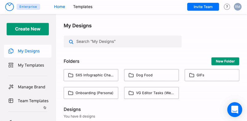 A user clicks the 'Templates' tab from the Home page of Venngage. A page of templates, with the heading 'Recommended Templates: Created by professionals like you' appears, and the user scrolls down, searching for a template.