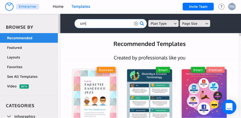 A user types 'simple letterhead geometric' into the search bar at the top of the Recommended Templates page. Two templates return, under the notification '2 templates found for simple letterhead geometric', and the user mouses over the templates.