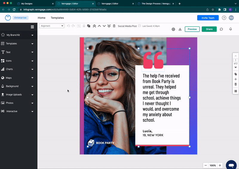 A user is working on a design in the Venngage Editor. The design shows a large photo of a person with long hair, wearing glasses and smiling, next to a white rectangle and a text box, as well as a pink icon of quotation marks. The background shows a pink, blue and purple gradient. A user hovers over the photo, and a red bounding box and lock icon in the top right corner appears, indicating the photo is locked to the canvas and can't be copied. The user clicks on the photo and clicks the red Lock icon in the top toolbar. The user then clicks and drags their cursor over the elements on the design canvas, including the photo, text, shapes and icon, on the design canvas. The user clicks on another tab open in their browser, which shows a different design canvas. This design canvas has a bright yellow gradient background. The user pastes the elements they selected from the first canvas on this second canvas; the photo, the white rectangle, text box, and pink quotation marks appear on the second canvas, with the same configuration and size they had on the first.