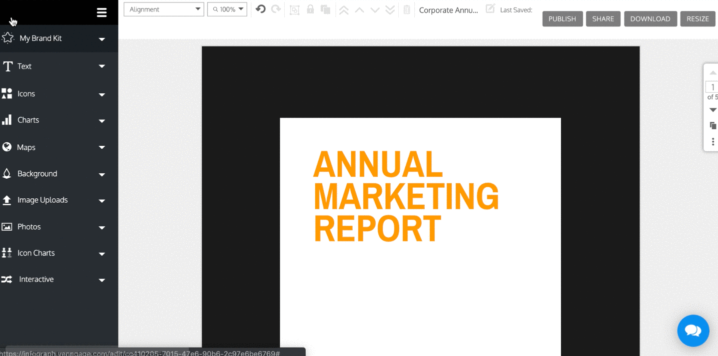 In the Venngage Editor, a design canvas with the heading 'Annual Marketing Report' appears. A user clicks on Background in the left sidebar and changes the background, from solid black, to a bright purple and orange, which the user selects from under the Swatch Colors. The user then clicks on gradients to change the color, from a white to light blue gradient, or light green to light yellow gradient.