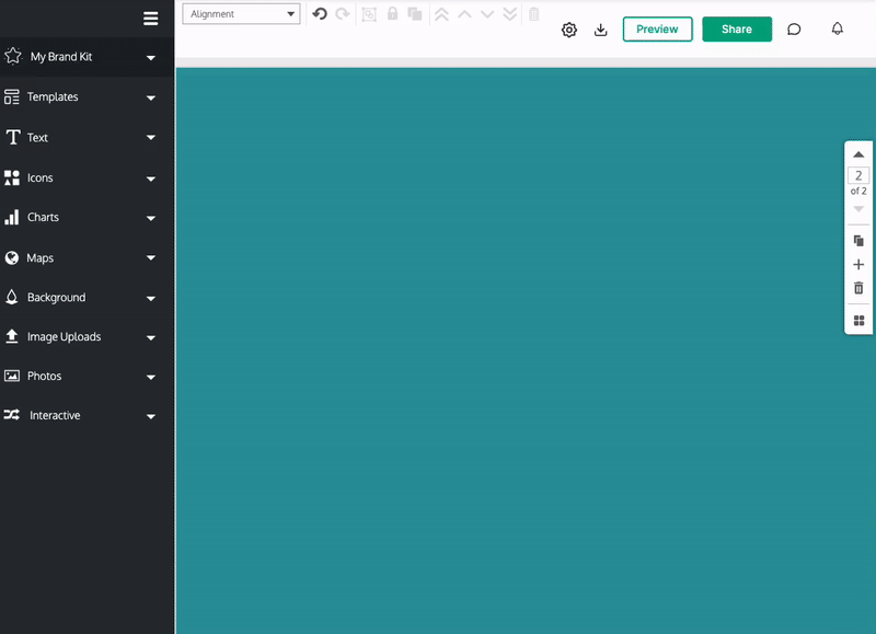 Uma tela de design com fundo verde-azulado aparece no Venngage Editor.  Um usuário clica em 'Ícones' na barra lateral esquerda para expandir a seção.  Abaixo dele estão várias categorias de ícones disponíveis.  O usuário clica em 'Shapes & Symbols' e expande uma galeria com miniaturas de símbolos e formas.  Na parte inferior da galeria, aparece um botão verde 'Mostrar mais';  quando o usuário clica no botão, ele expande mais itens da galeria.  O usuário clica em um símbolo circular laranja e o adiciona à tela de desenho.  O usuário clica em uma forma de meia-lua e a adiciona à tela de desenho.