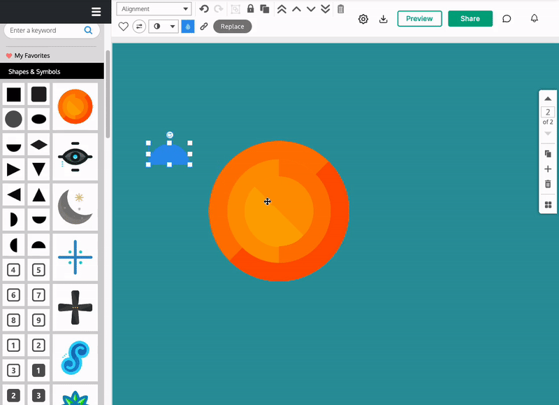 A design canvas with a blue-green background appears in the Venngage Editor. The 'Icons' in the left sidebar shows the 'Shapes & Symbols' gallery, with thumbnails of symbols and shapes. On the design canvas, a user clicks on an orange circular symbol to select it. A thin blue border with white squares at each corner and in the center of each side (a bounding box) appears, and the user clicks and drags the bottom corner handle on the right side, making the symbol smaller and then larger on the canvas. The user then clicks on the circular arrow at the top of the bounding box and drags to the right, changing the orientation of the symbol.