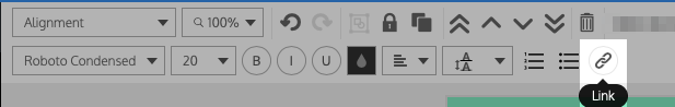 Un primer plano de la barra de herramientas superior en la barra de herramientas del Editor de Venngage con el botón Enlace resaltado.  Aparece una etiqueta negra con el texto 'Enlace' debajo del ícono de la herramienta en texto blanco.