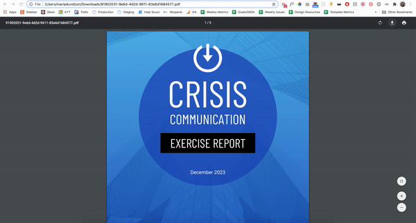 A report titled Crisis Communication Exercise Report appears in the Venngage Editor; a user opens it in the preview view. The user scrolls down the page and clicks on linked text '03 - Executive Summary' under the Contents page, which redirects them to the linked page.