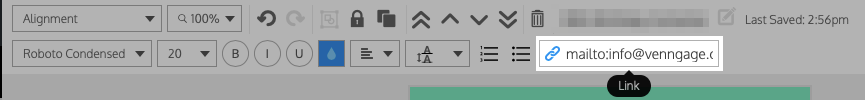 Un primer plano de la barra de herramientas superior en el Editor de Venngage, con el campo de texto Enlace resaltado.  En el campo de texto, el texto que aparece es una dirección de correo electrónico con el prefijo 'mailto'.