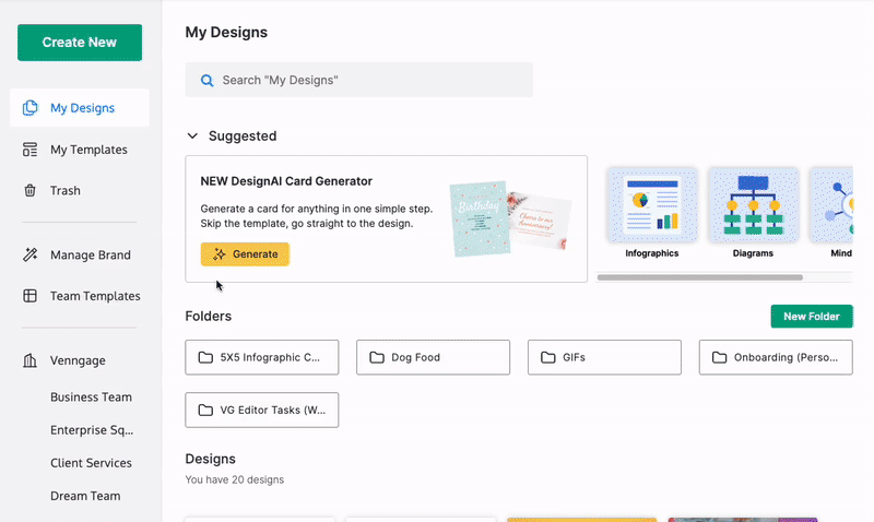 On the My Designs Page, under the 'Suggested' tab, a user clicks 'Generate' to create a customizable greeting card, which they then open to edit in the Venngage Editor.