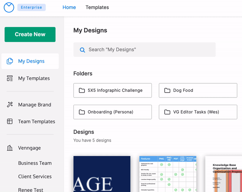 A user clicks on the Group 'Business Team' in the left sidebar. The Groups page loads, showing multiple design folders. At the top of the page, next to the Group name, the tab 'Designs' is underlined in blue. The user mouses over the tab 'Members' to the right and clicks.