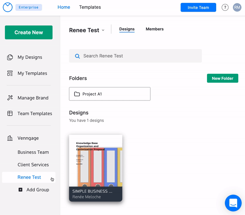 A user clicks into a Group from the left sidebar, then hovers over a design preview tile. The user clicks and drags the design toward the Folder in the Group and releases, and the Design disappears from the Group Designs page into the Folder.