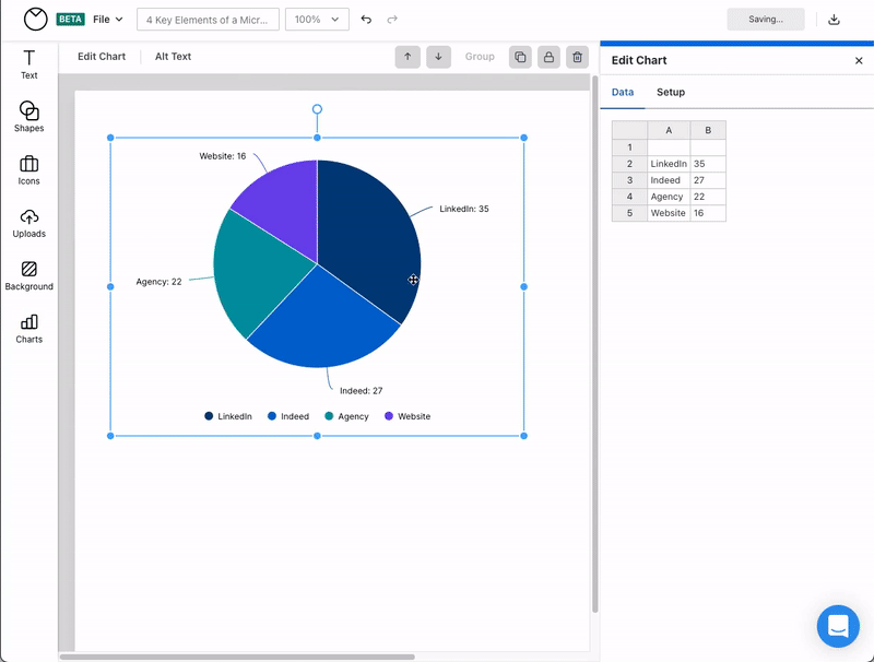 A user clicks the color picker square next to several data categories in the 'Setup' tab of the 'Edit Chart' panel in the Venngage editor. Using the color picker, they change the colors.