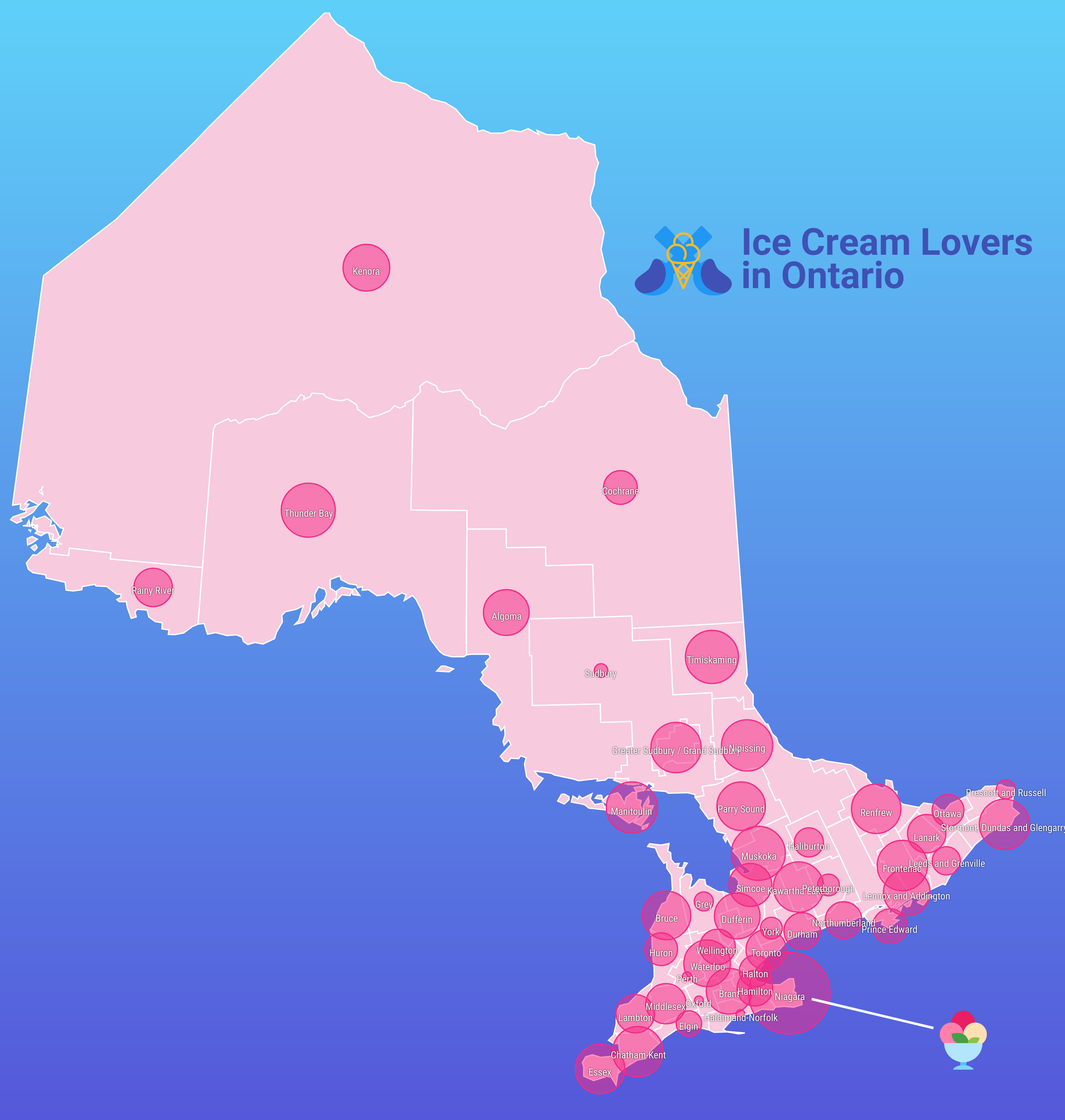 Un mapa de burbujas de Ontario titulado "Amantes del helado en Ontario".  Los nombres de las regiones aparecen sobre cada una en texto blanco delineado en negro.  Hay una línea blanca que indica la región cubierta por la burbuja más grande (Niagara), con un icono de helado al lado.  La provincia es de color rosa claro y las regiones están superpuestas con burbujas de color rosa oscuro de diferentes tamaños.  El fondo es un degradado de azul claro a azul oscuro.