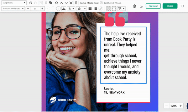 A colorful canvas appears in the Venngage Editor, with a photo of a person wearing glasses and smiling, and a large text box highlighted with a pink quotation icon, overlaid on a white box. A user double-clicks into the text box and selects the bottom half of the text, then clicks the 'Ordered List' button in the top toolbar. The text in the text box appears as a numbered lists, with items 1-3. 