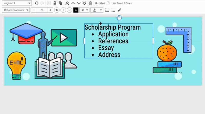 A canvas in the Venngage Editor with a light blue background appears with multiple colorful icons relating to academia and a text box near the center. The text box shows a list with the heading 'Scholarship Program' and four bullets underneath: Application, References, Essay and Address. The text is all one color: black. A user selects the text box by clicking on it once. A blinking cursor appears in the text boox, and the user highlights the 'Application' bullet. The user clicks on the Color Tool droplet icon in the top toolbar and changes the color from black to dark pink, selecting it from a tile under the Swatch Colors. The color of the text changes from black to pink on the canvas. The user then selects the bullet line 'Essay' and clicks on the Color Tool droplet icon again. Using the color wheel, the user selects the color blue, and the color of the text changes from black to blue on the canvas.
