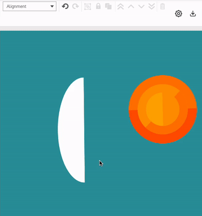 A partial view of a blue-green design canvas in the Venngage Editor shows two shapes. A user selects the shape on the left, a large white half-moon. A series of additional tools appear in the top toolbar appear, for customizing the shape. The user clicks on the Fill % drop-down in the top toolbar and changes the fill percentage from 100 to 95, then to 83, then to 61. When the fill percentage number is changed from 100, the shape on the canvas shows two colors; its original white color represents the fill percentage number selected from the drop-down, and the remainder appears as bright red.