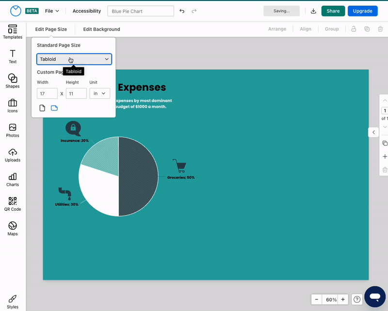 A template appears in the upgraded Venngage Editor: a square design titled 'Yearly Expenses', with a teal background and a pie chart with three segments in the middle of the design. A user clicks on Edit Page Size in the top toolbar, and opens the widget to change the template page size. Two sections in the widget appear, allowing the user to customize the canvas size: Standard Page Size and Custom Page Size. Under Custom Page Size, two text fields appear under the label 'Width' and 'Height' respectively. Beside them is a drop-down menu labelled 'Unit', which displays the abbreviation 'in' for inches. The user clicks into the Width text field and changes it from 17 to 30. The user clicks into the text field under height and changes it from 11 to 5. The canvas of the template changes in the Editor; the other elements of the design, including the title and the chart, change position on the cavas. 