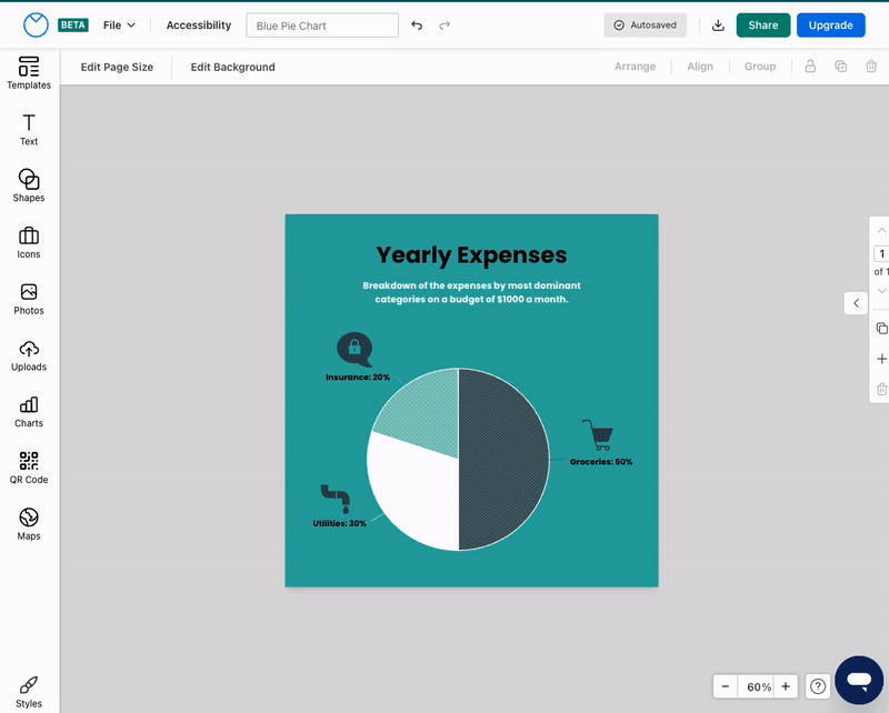 A template appears in the upgraded Venngage Editor: a square design titled 'Yearly Expenses', with a teal background and a pie chart with three segments in the middle of the design. A user clicks on Edit Page Size in the top toolbar, and opens the widget to change the template page size. Two sections in the widget appear, allowing the user to customize the canvas size: Standard Page Size and Custom Page Size. The user clicks on the drop-down under the Standard Page Size and selects different dimensions from the options. The user changes the canvas from Custom to Letter, then Legal, then Tabloid. The canvas of the template changes in the Editor; the other elements of the design, including the title and the chart, change position on the cavas. 