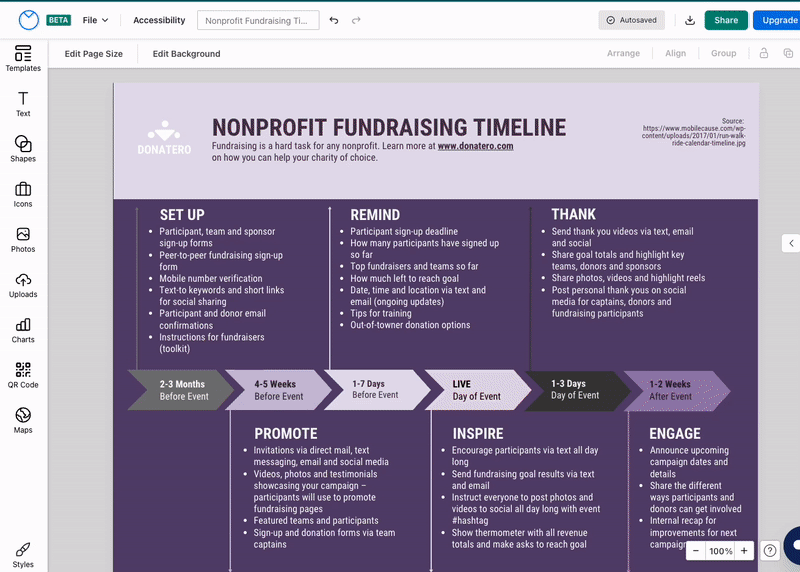 In the upgraded Venngage Editor, a template titled 'Nonprofit Fundraising Timeline' appears with an overall purple color scheme and a progress chart on the canvas. A user clicks on Styles in the left sidebar and opens the Styles panel overlay from the left side of the screen, to the Explore tab. A column of different colorful palettes appears underneath the Explore tab. The user moves their cursor over the top color palette and the label 'Shuffle' appears; the user clicks the palette and these colors are applied to the elements on the template canvas in the Editor. The user clicks the palette again and the same colors are re-applied to different elements, randomly. The user clicks on different palettes in the Styles panel and these colors are applied to the elements on the canvas.