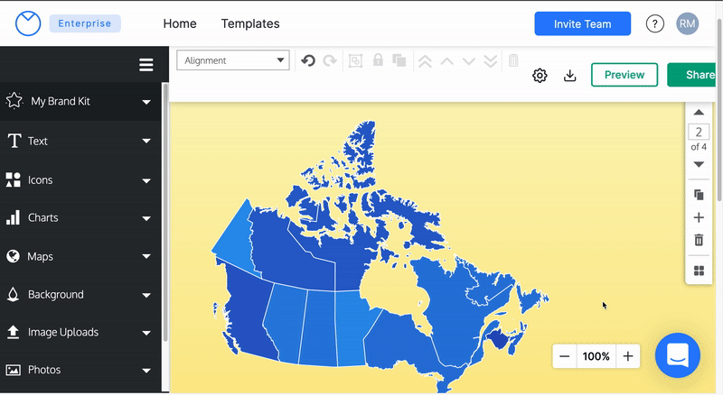 Um GIF animado de um usuário no editor Venngage clicando em Editar mapa na barra de ferramentas superior, com um mapa do Canadá selecionado na tela de design.  No lado direito da tela, a sobreposição do painel do mapa abre na guia Dados, exibindo uma tabela contendo os nomes das províncias e os valores numéricos associados a cada uma.  À medida que o usuário insere diferentes valores na tabela, os tons da cor azul em certas regiões do mapa mudam para refletir os novos valores inseridos.