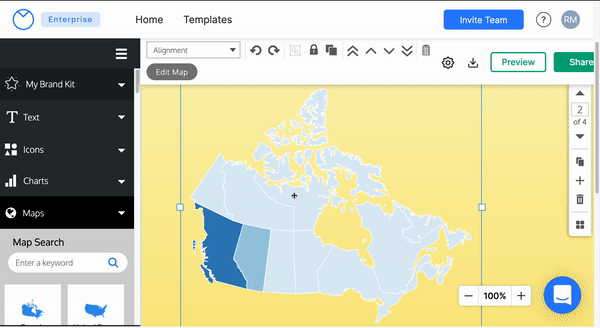 Um GIF animado de um usuário no editor Venngage.  O usuário seleciona um mapa azul do Canadá em uma tela de design com um fundo gradiente amarelo.  A sobreposição do painel Editar mapa aparece no lado direito da tela.  O usuário clica na guia Configurações e rola a cidade até o Tipo de mapa, onde altera o mapa de Etapas para Gradiente e depois volta.  Em seguida, altere o número de etapas para 4 e clique em um gradiente de cor predefinida, alterando a cor do mapa de uma sequência de tons de azul para roxo.