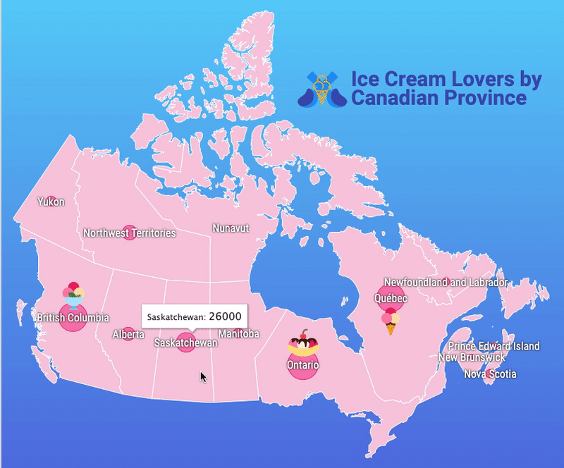 Un GIF animado de un usuario pasando el mouse sobre una versión de mapa de burbujas de 'Ice Cream Lovers by Canadian Province' representada en el mapa de coropletas de arriba.  Cuando el mouse del usuario pasa sobre el círculo de cada provincia, aparece un cuadro de texto alternativo que muestra el nombre de la provincia y el valor numérico.