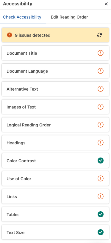Uma captura de tela do painel da lista de verificação de acessibilidade conforme aparece no Venngage Editor.  A lista é intitulada