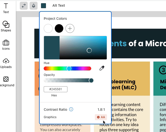 A user clicks on the info icon (an 'i' in a circle) next to the 'Contrast Ratio' heading at the bottom of the color picker. A black info box appears. The box reads 'To achieve the WCAG 2.1 AA accessibility standards, make sure your designs meet the following color contrast thresholds: Normal text: 4:5:1; Large text (at least 19px and bold, or at least 24px and regular): 3:1; Meaningful graphics: 3:1.' A link at the bottom reads 'Learn more about color contrast'.