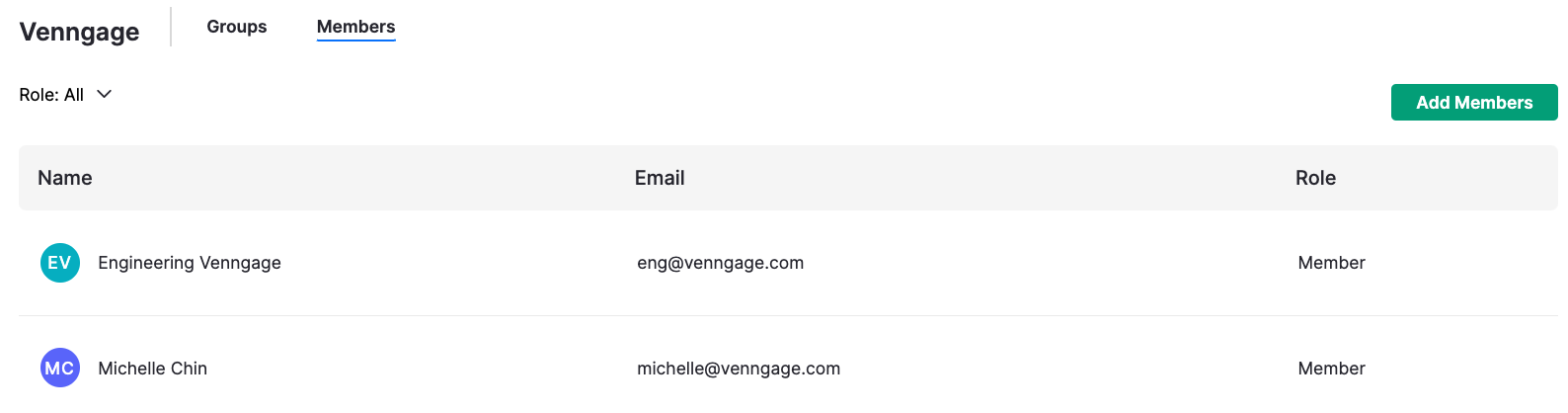 Close-up of Venngage Groups page as described above, open to the Members tab.