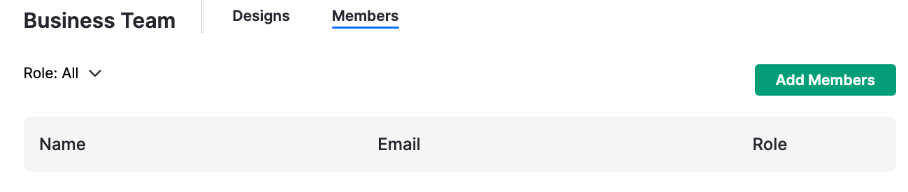 Close-up of a Group page as described above, open to the Members tab. The column headers Name, Email, and Role are visible.