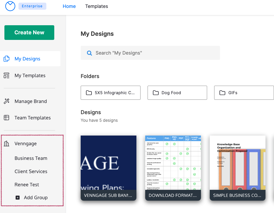 The My Designs home page of Venngage open, with a users's designs visible in the right view pane. The left sidebar has a dark red square highlighting the section below Team Templates, where three Groups are displayed under the organization name Venngage.