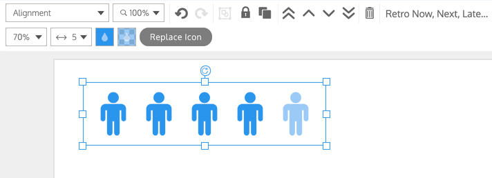 A partial view of the Venngage Editor shows the top of the design canvas and an Icon Row stat chart with 5 simple icons of human silhouettes. The user changes the Icon per Rwo from 5 to 10, causing the colors of the icons to change; initially, 4 of the 5 icons appeared in dark blue, with the fifth icon in light blue; now, 7 of the 10 icons appear in dark blue and the three final icons at the end of the row appear in light blue.