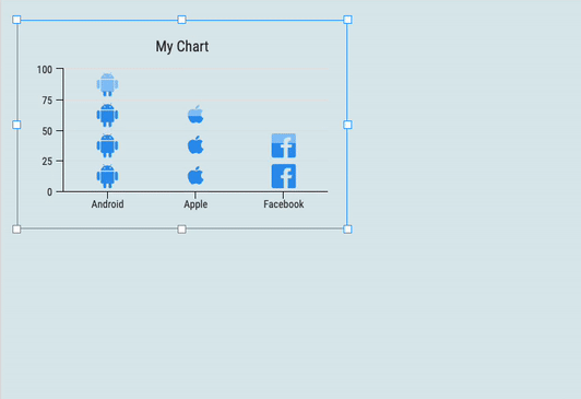 Um gráfico de barra de ícones simples aparece em uma visualização parcial de uma tela azul clara no Venngage Editor.  O gráfico tem três colunas, uma rotulada como 'Android', uma rotulada como 'Apple' e outra rotulada como 'Facebook'.  Onde as colunas para cada uma dessas categorias estariam, ícones repetidos aparecem, cada um dos ícones homônimos dos respectivos rótulos aparecendo.  Como o gráfico é pequeno, na coluna Android, há quatro ícones, na coluna Apple, três e na coluna Facebook, dois, pois representam as alturas relativas das colunas com base nos dados nelas contidos (o eixo Y mostra incrementos de 25 de 0 a 100).  Um usuário seleciona o gráfico e usa a caixa delimitadora para aumentá-lo, alterando a escala do eixo Y para incrementos de 10 (0 a 80) e alterando o número de ícones que aparecem em cada uma das colunas,