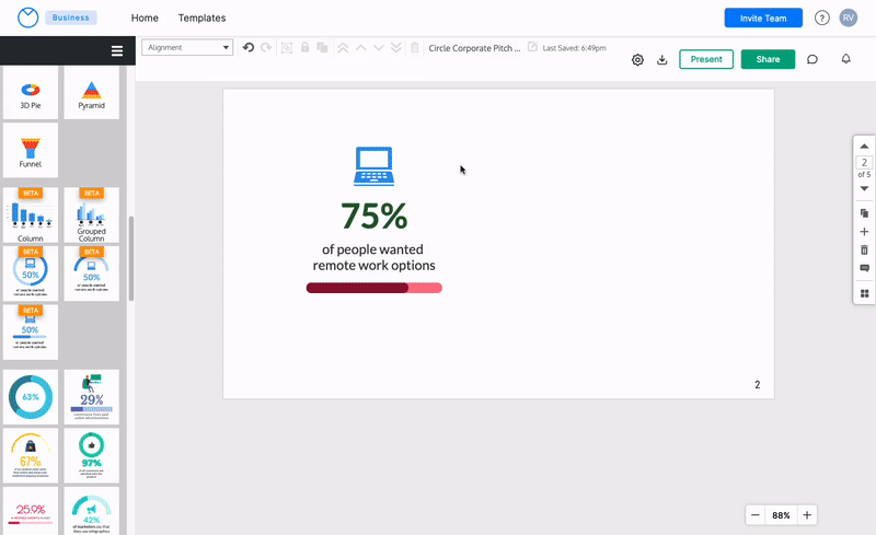 Auf einer Leinwand im Venngage-Editor erscheint ein einfaches Statistik-Fortschrittsdiagramm mit einem Laptop-Symbol über einer Statistik und dem Text „75 % der Menschen wollten Möglichkeiten zur Fernarbeit“.  Der Balken unter dem Text zeigt einen Fortschrittsbalken, der zu drei Vierteln mit Dunkelrosa und zum Rest mit Hellrosa gefüllt ist.  Ein Benutzer klickt auf das Laptop-Symbol und das Menü „Ersetzen“ wird in der linken Seitenleiste geöffnet. Es zeigt eine Miniaturansichtsgalerie einfacher Symbole an, durch die der Benutzer das Laptop-Symbol ersetzen kann.  Der Benutzer klickt auf ein rotes Herzsymbol und dieses Symbol ersetzt den Laptop im Statistikdiagramm.