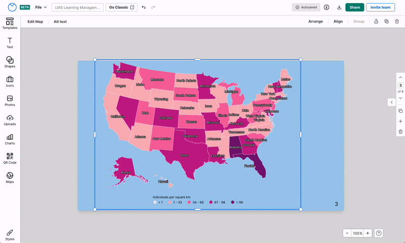 En el Editor de Venngage actualizado, aparece un gráfico estilo mapa de los Estados Unidos sobre un fondo azul claro.  El mapa es un mapa coroplético y los estados están coloreados en diferentes tonos, desde un rosa muy claro hasta un violeta oscuro.  Un usuario hace clic en el mapa para seleccionarlo y luego hace clic en Editar mapa en la barra de herramientas superior.  El panel Editar mapa se abre desde el lado derecho del Editor y muestra dos pestañas: Datos y Configuración.  Está abierto a la pestaña Datos, que muestra el encabezado 'Tipo de mapa';  Debajo de esta sección hay una hoja de cálculo que muestra los nombres de los lugares y un valor asociado a cada uno.  Bajo el encabezado Tipo de mapa, aparece una representación de cada uno de los diferentes tipos de mapas disponibles como miniatura.  Hay tres tipos de mapas: Coropleta, Burbuja y Monocromo.  La miniatura del mapa de coropletas está seleccionada con un borde azul oscuro.  El usuario hace clic en la miniatura del mapa de burbujas y el tipo de mapa cambia a un mapa de burbujas, que se muestra en el lienzo;  todo el mapa es del mismo color azul claro, y superpuesto a cada estado hay un círculo azul semitransparente de diferente tamaño, dependiendo del valor asignado a cada lugar tal como está representado en la hoja de cálculo.  Luego, el usuario hace clic en la tercera miniatura, el mapa monocromo, y el mapa adquiere un color uniforme: azul oscuro. 