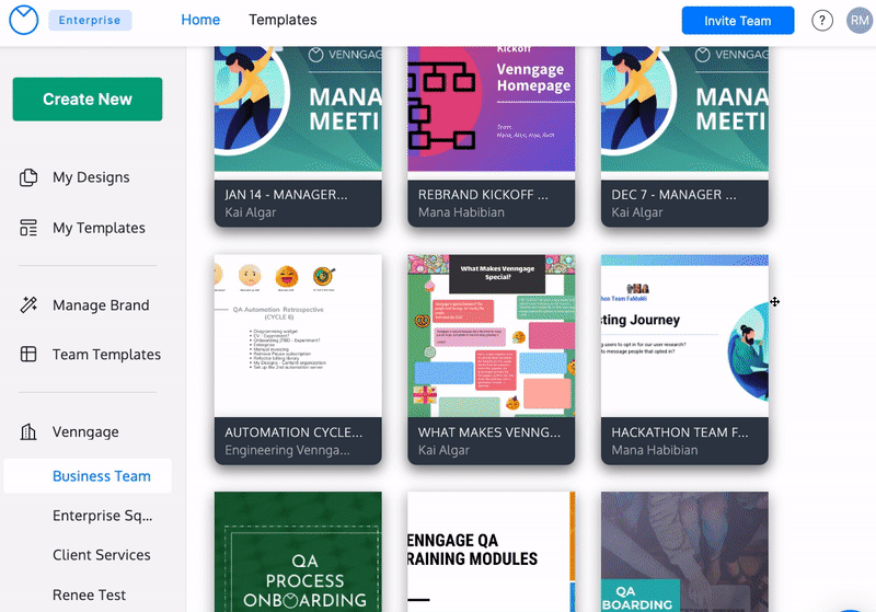 En la página de un grupo llamado Business Team, un usuario pasa el cursor sobre un diseño titulado Hackathon Team.  Usando el menú de configuración en la miniatura del diseño, el usuario selecciona la opción Mover a la carpeta y selecciona la carpeta llamada Equipo de diseño.  La miniatura del diseño desaparece;  el usuario retrocede en la página hasta la carpeta Design Team y hace clic en ella.  Cuando se carga el contenido de la carpeta, la miniatura del diseño del Hackathon Team es visible en la carpeta a la que el usuario la ha movido.