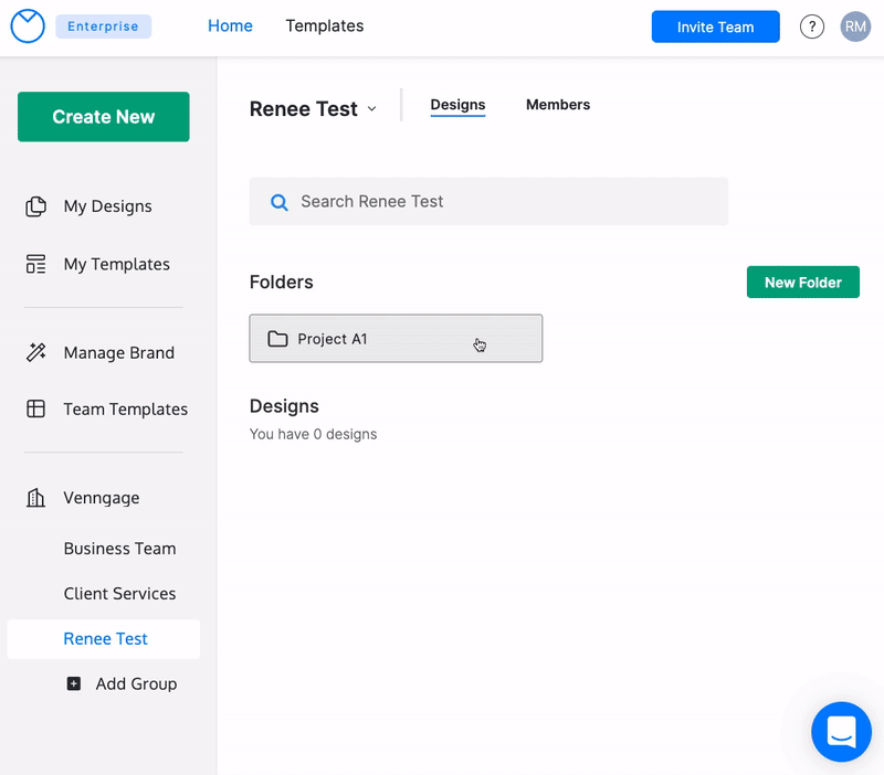 In a Group, a user clicks on a folder titled Project A1. The folder page loads, and the user clicks the title of the folder at the top of the page (the heading) where a down arrow appears beside the heading. A drop-down menu appears, listing two options: Rename or Remove. The user clicks on Rename. A modal (box) appears over the screen with the heading Rename; the user types into the text field underneath, where the current name of the folder appears (Project A1) and changes the text to Project A2; the user then clicks the Rename button at the bottom of the modal. When the modal closes, the heading of the folder page now reads Project A2.